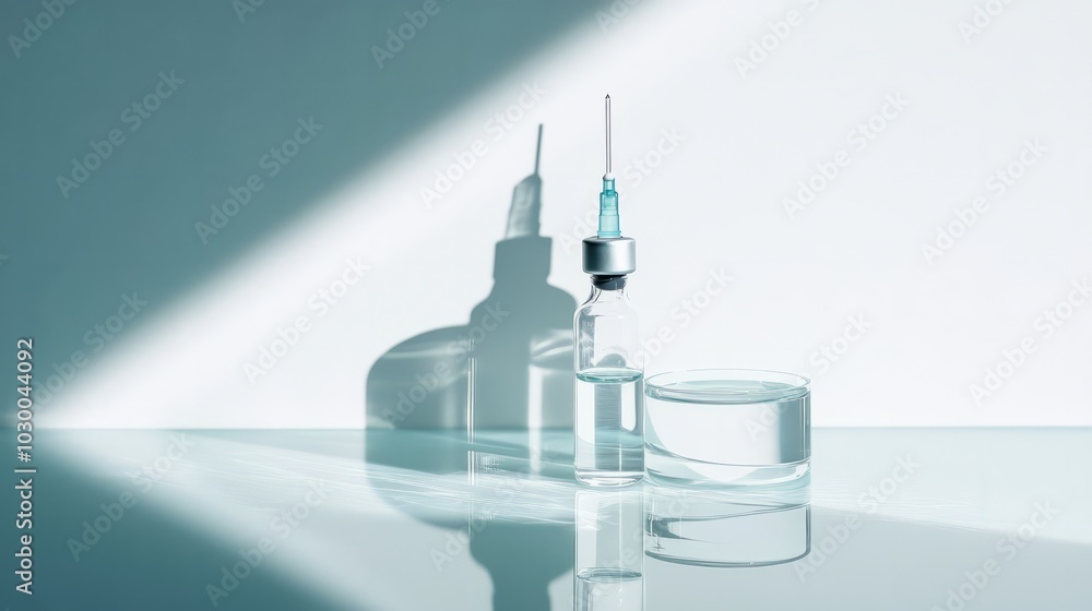 Clinical Precision: A sterile and minimalist still life featuring a glass syringe, vial, dropper bottle, and a glass of water. Clinical Precision: A sterile and minimalist still life featuring a glass syringe, vial, dropper bottle, and a glass of water.