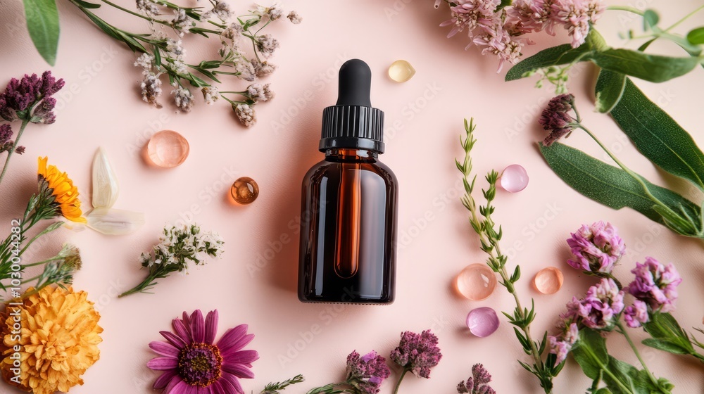 Botanical Beauty: A close-up of a glass dropper bottle filled with essential oil, surrounded by delicate wildflowers and translucent stones on a soft pink background. Botanical Beauty: A close-up of a glass dropper bottle filled with essential oil, surrounded by delicate wildflowers and translucent stones on a soft pink background.