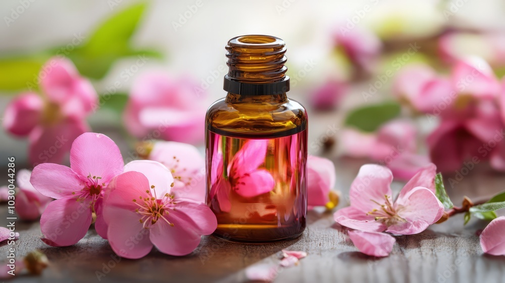 Floral Essence: A delicate amber bottle of essential oil rests amidst a bed of vibrant pink blossoms, capturing the essence of nature's tranquility. Floral Essence: A delicate amber bottle of essential oil rests amidst a bed of vibrant pink blossoms, capturing the essence of nature's tranquility.