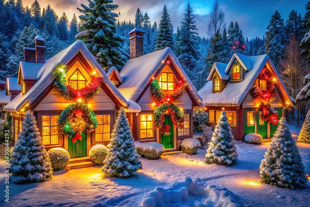 Enchanting Christmas Village with Illuminated Houses, Fir Trees, and Festive Wreaths in a Winter Wonderland Enchanting Christmas Village with Illuminated Houses, Fir Trees, and Festive Wreaths in a Winter Wonderland