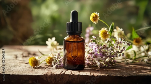 Amber Essential Oil Bottle: Nature's Remedy. Close-up of an amber glass bottle of essential oil, nestled amongst delicate wildflowers on rustic wood, bathed in soft sunlight.