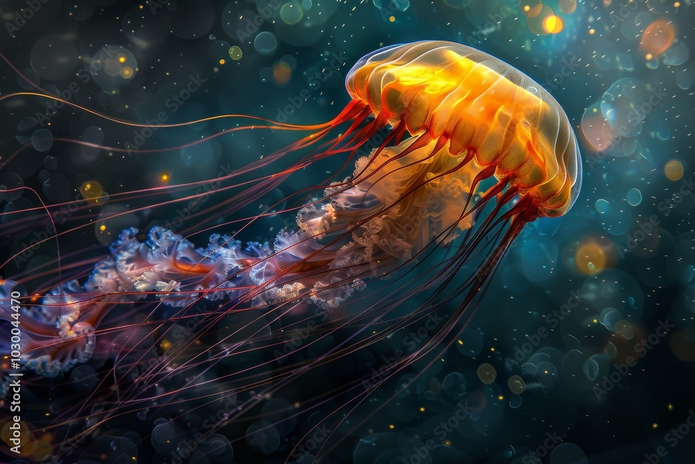 Fototapeta premium Fantasy Glowing Jellyfish, Bright Underwater Creature, Abstract Jelly Fish, Neon Animals