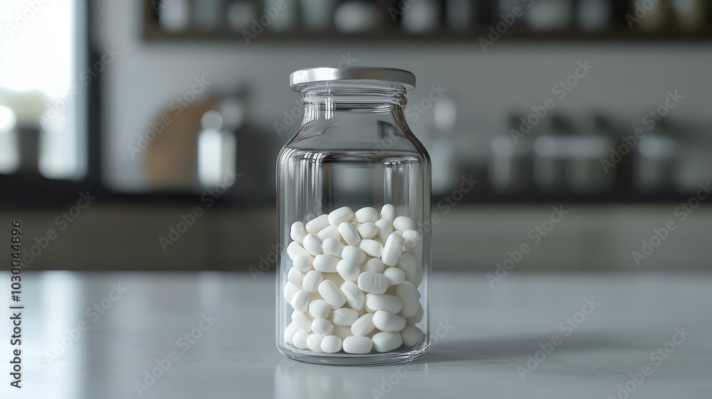 A close-up shot of a glass pill bottle filled with white pills, showcasing the clean lines and minimalist aesthetic of medicine. This image evokes a sense of calm and order. A close-up shot of a glass pill bottle filled with white pills, showcasing the clean lines and minimalist aesthetic of medicine. This image evokes a sense of calm and order.