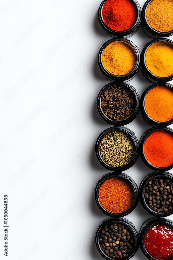 Variety of spices in containers, white background Variety of spices in containers, white background
