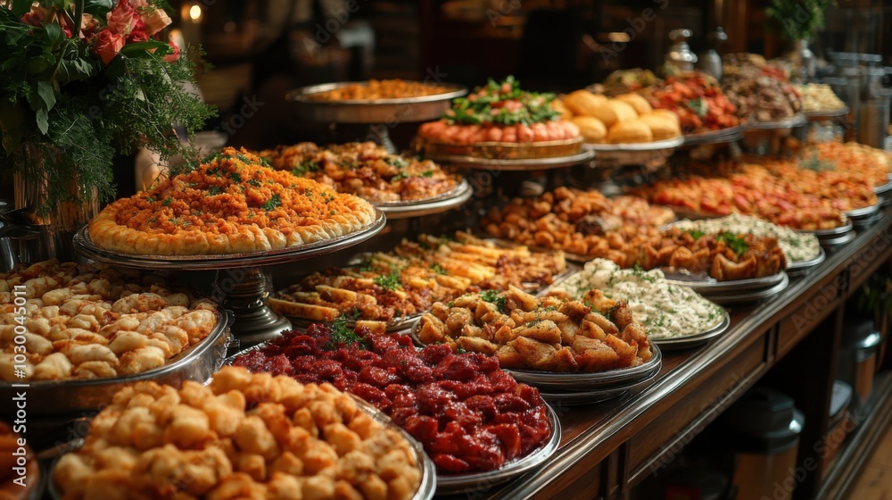 A large buffet table laden with an assortment of delicious appetizers and sides, perfect for a party or special event. A large buffet table laden with an assortment of delicious appetizers and sides, perfect for a party or special event.