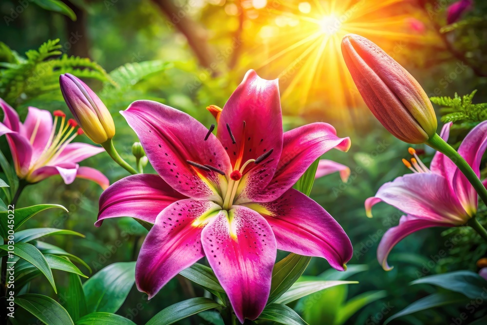 In its natural habitat, a stunning magenta lily blossoms, radiating vibrant colors and epitomizing the elegance of floral photography that celebrates nature's beauty. In its natural habitat, a stunning magenta lily blossoms, radiating vibrant colors and epitomizing the elegance of floral photography that celebrates nature's beauty.