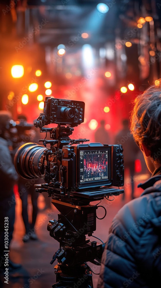 A camera crew working behind the scenes, coordinating shots and angles while adjusting focus for a pivotal scene A camera crew working behind the scenes, coordinating shots and angles while adjusting focus for a pivotal scene