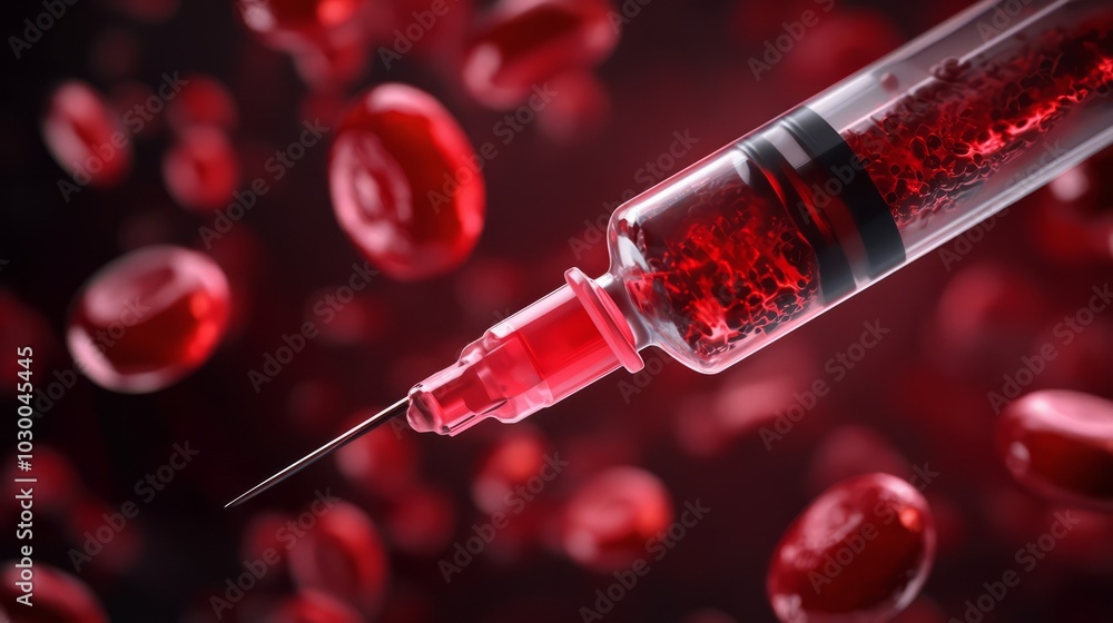 Crimson Current: Syringe Filled with Blood Cells in Motion Crimson Current: Syringe Filled with Blood Cells in Motion