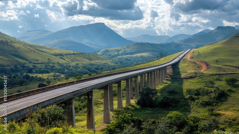 Elevated highway stretching through lush, green valley with mountains in distance under cloudy sky Elevated highway stretching through lush, green valley with mountains in distance under cloudy sky