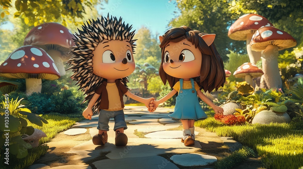Animated hedgehog characters, a boy and a girl, holding hands with their spines decoratively down as they walk through a garden path to a mushroom school. Animated hedgehog characters, a boy and a girl, holding hands with their spines decoratively down as they walk through a garden path to a mushroom school.