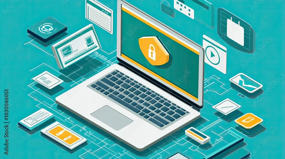 A laptop with a green screen showing a lock icon A laptop with a green screen showing a lock icon