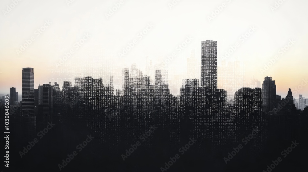 Abstract city skyline with fading silhouettes at sunset Abstract city skyline with fading silhouettes at sunset
