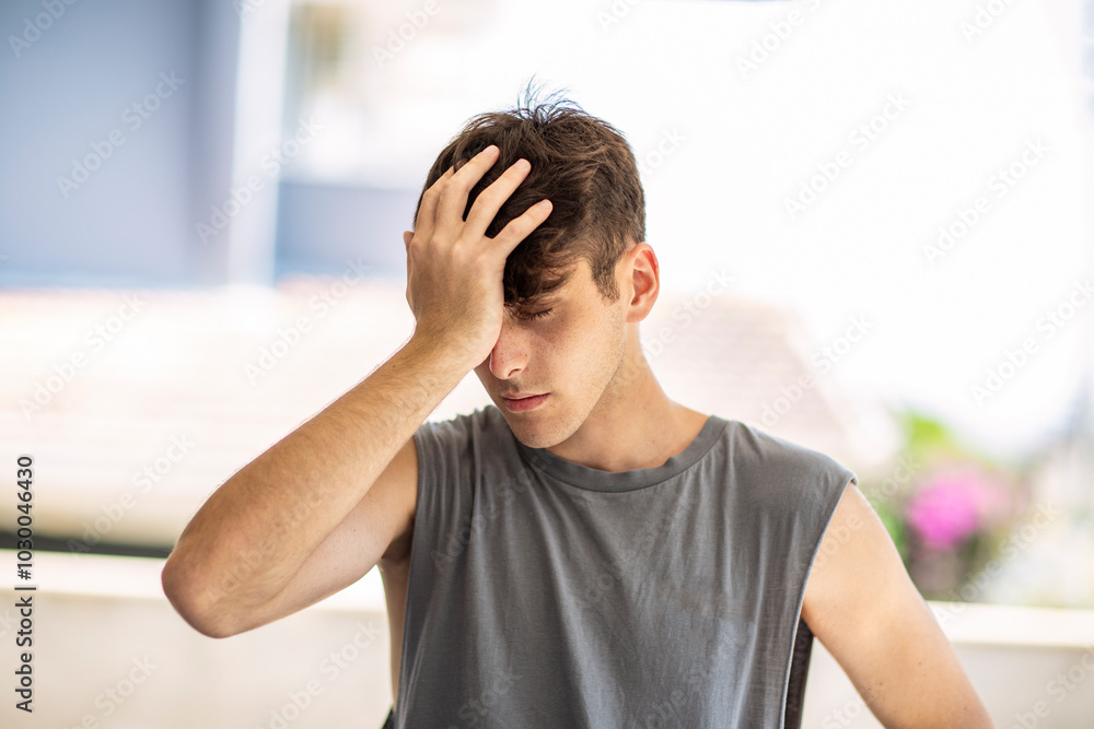 Young handsome man standing with his hand placed on his forehead, coverig his eyes as if he's upset or frustrated Young handsome man standing with his hand placed on his forehead, coverig his eyes as if he's upset or frustrated