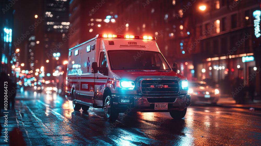 A high-speed ambulance rushing through a city at night, lights flashing and sirens blaring, focused on delivering urgent medical aid to an emergency situation. A high-speed ambulance rushing through a city at night, lights flashing and sirens blaring, focused on delivering urgent medical aid to an emergency situation.