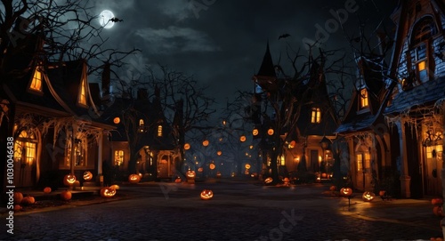 A haunted Halloween-themed village square with glowing jack-o'-lanterns, cobwebs, and dark, eerie shadows.