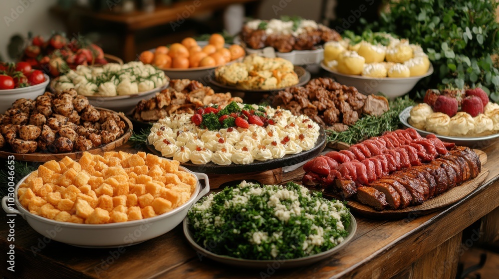A large spread of food on a wooden table, including roasted meats, potatoes, and salads. A large spread of food on a wooden table, including roasted meats, potatoes, and salads.