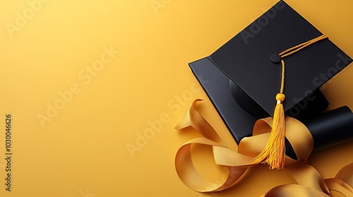 A flat lay of a black graduation cap, diploma, and golden ribbons on a yellow background provides space for text.