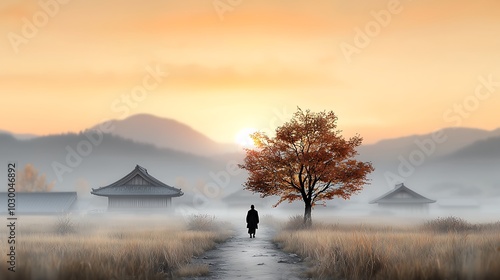 A lone figure walking down a narrow dirt path through a remote village, their back turned to the camera, embodying isolation and the lack of family support, with soft light fading in the background. 