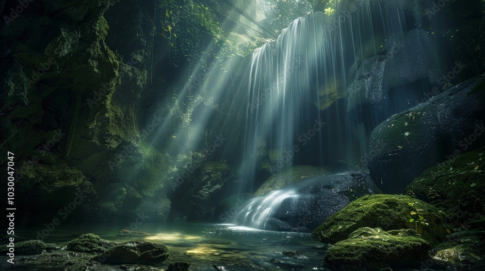 Enchanting cave scene with gentle light beams illuminating rugged surfaces and stones Enchanting cave scene with gentle light beams illuminating rugged surfaces and stones