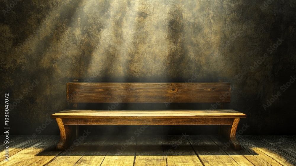 Empty wooden bench in dimly lit room with beams of light Empty wooden bench in dimly lit room with beams of light