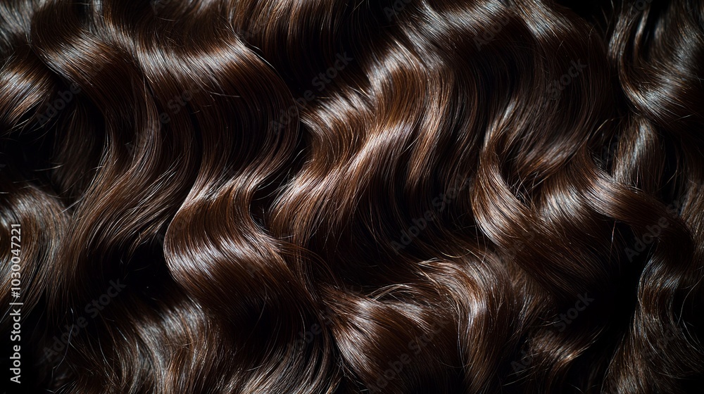 Fototapeta premium Tightly clustered, the glossy ringlets of brunette hair dominate this close-up shot. Their radiant sheen and rich hue are captured in striking detail. 