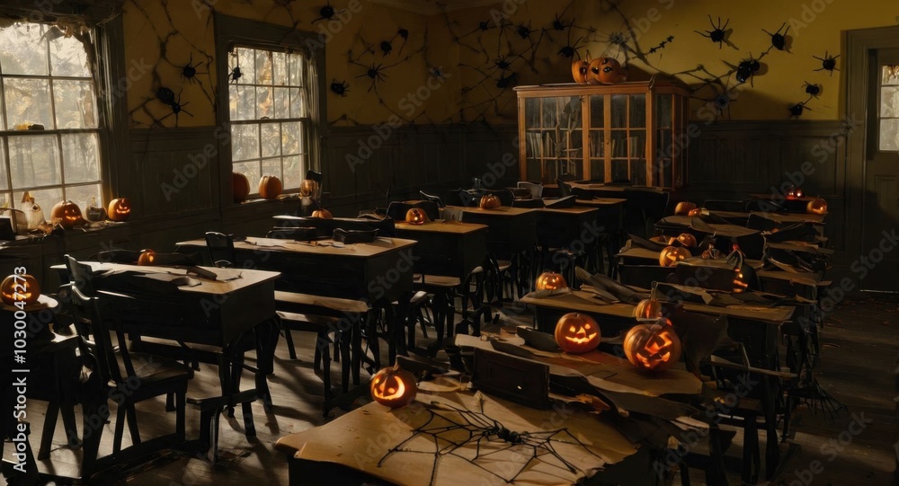 A haunted Halloween-themed schoolhouse with broken desks, cobwebs, glowing jack-o'-lanterns, and eerie shadows. A haunted Halloween-themed schoolhouse with broken desks, cobwebs, glowing jack-o'-lanterns, and eerie shadows.