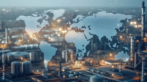 World map overlay on industrial cityscape representing global industry and economy