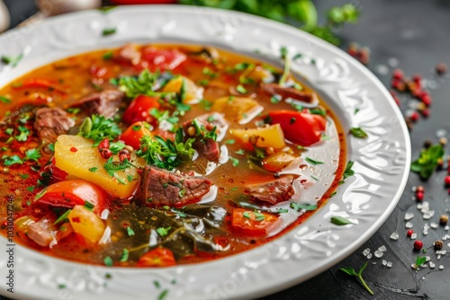 Red Tomato Soup with Beef, Greens and Vegetables, Rich Hot Veal Meat Broth with Tomatoes, Potatoes