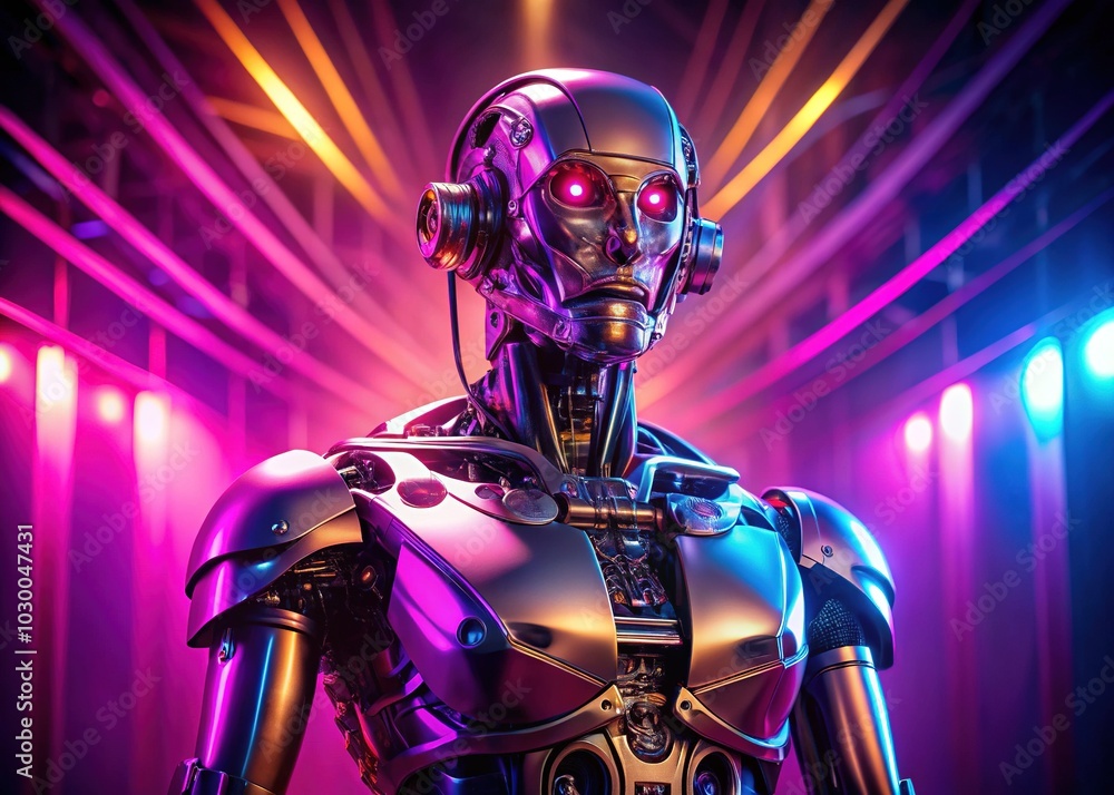 Futuristic AI Robot Against a Pink and Purple Background with Plexus Effect in Cinematic Night Photography | Artificial Intelligence Cyborg Design Futuristic AI Robot Against a Pink and Purple Background with Plexus Effect in Cinematic Night Photography | Artificial Intelligence Cyborg Design