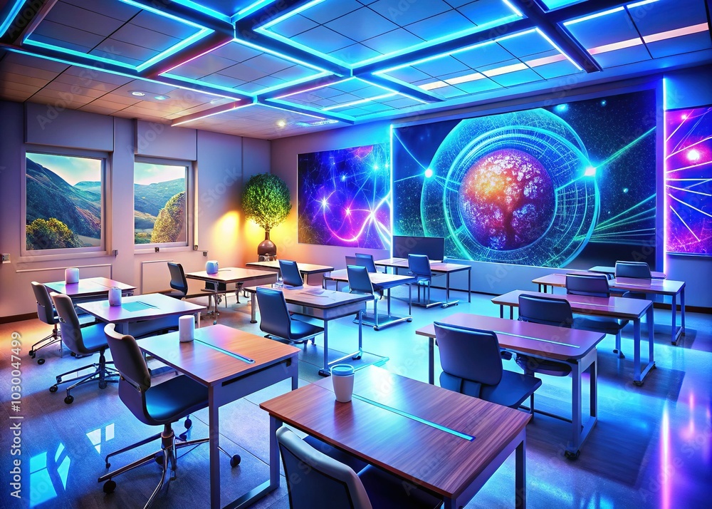 Futuristic Classroom with Digital Brain Hologram: Advanced Technology, AI Innovation, and Modern Learning Environment for Enhanced Educational Experiences Futuristic Classroom with Digital Brain Hologram: Advanced Technology, AI Innovation, and Modern Learning Environment for Enhanced Educational Experiences