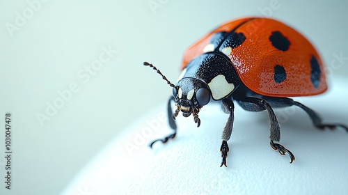 A ladybug perched on a clean, white surface, highlighting its bright red and black colors.