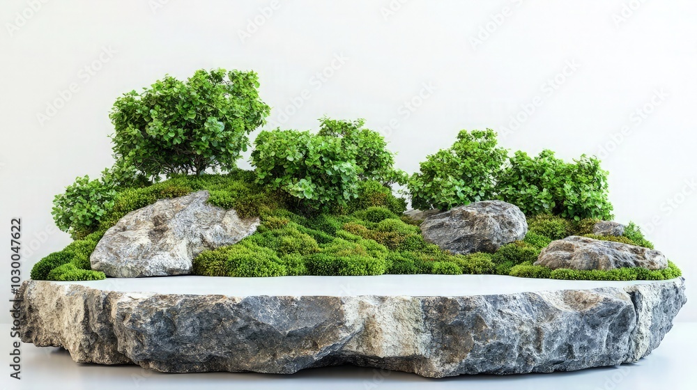 Stone pedestal podium with green moss composition on White background product display for organic eco cosmetic and skin care. Stone pedestal podium with green moss composition on White background product display for organic eco cosmetic and skin care.