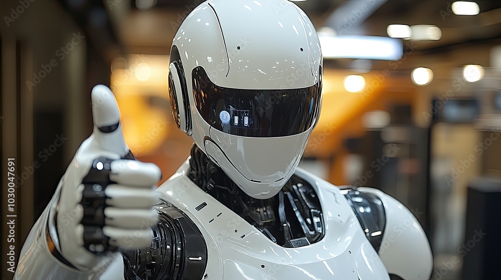 Fototapeta premium A robot in a modern office gives a thumbs-up.