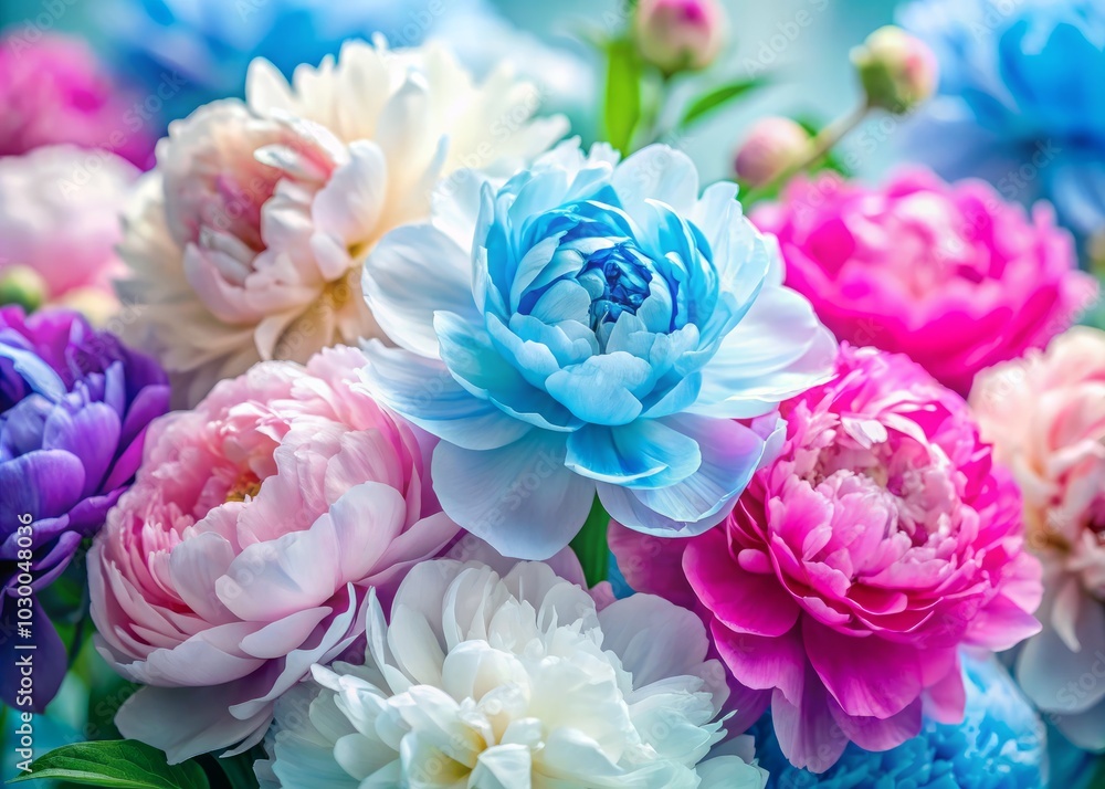 Beautiful Close-Up of Pink, Blue, and White Peonies - Long Exposure Floral Wallpaper for Colorful Summer or Spring Background, Perfect for Floral Shop or Flower Delivery Concept Beautiful Close-Up of Pink, Blue, and White Peonies - Long Exposure Floral Wallpaper for Colorful Summer or Spring Background, Perfect for Floral Shop or Flower Delivery Concept