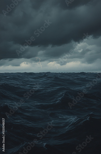 A dark, ominous ocean with thunder and lightning, photorealistic, hyperrealistic, cinematic, stormy sea, dark sky-blue and gray, close-up, photorealistic landscapes