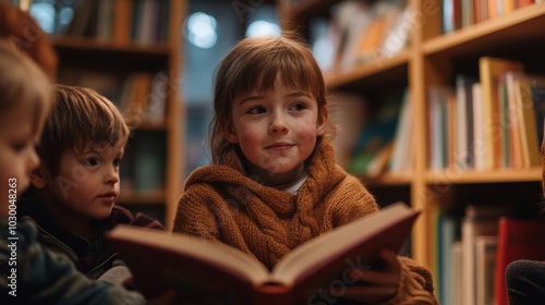 A child reads a book, surrounded by friends, in a cozy library filled with colorful books and warm light.