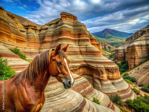 In the striking striped mountains of Kakheti, Georgia, a horse grazes gracefully near the David Garedji Cave Monastery, creating a stunning macro photography moment. photo