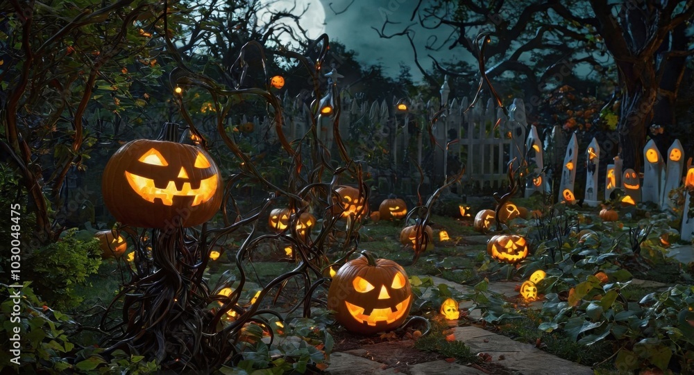 A creepy Halloween-themed garden with twisted, ghostly plants and glowing jack-o'-lanterns scattered around. A creepy Halloween-themed garden with twisted, ghostly plants and glowing jack-o'-lanterns scattered around.