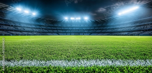 Nighttime View of Illuminated Football Stadium with Empty Seats and Goalpost, Low Angle Shot