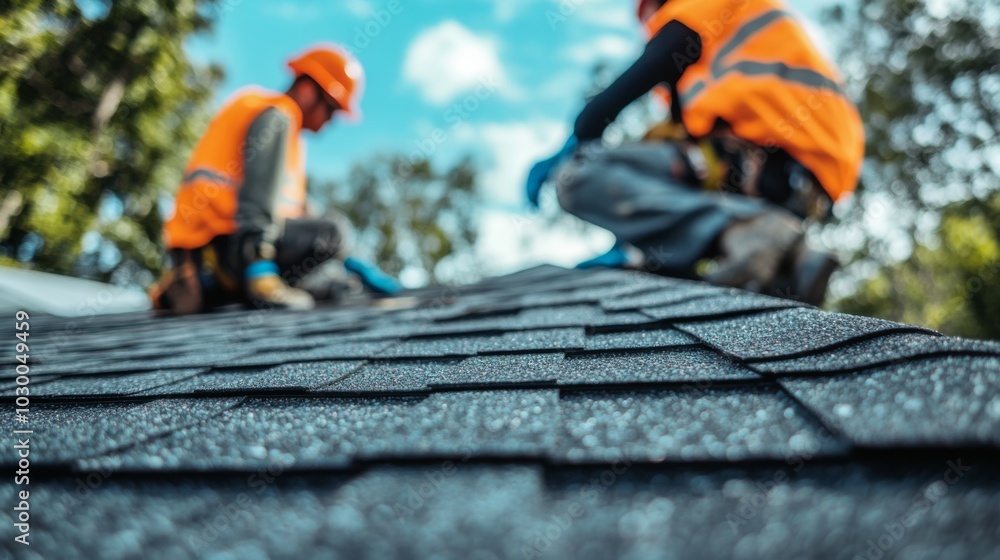 Construction workers with tools on a shingled roof under blue sky, viewed from a low angle Construction workers with tools on a shingled roof under blue sky, viewed from a low angle