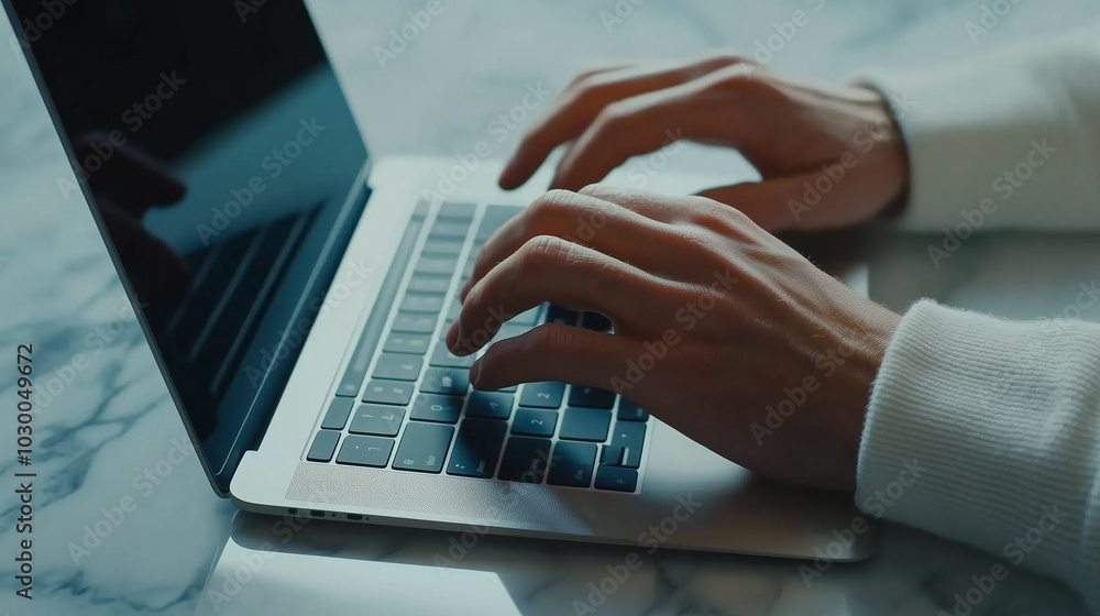 Close-Up of Hands Typing on a Laptop in a Modern Workspace Close-Up of Hands Typing on a Laptop in a Modern Workspace