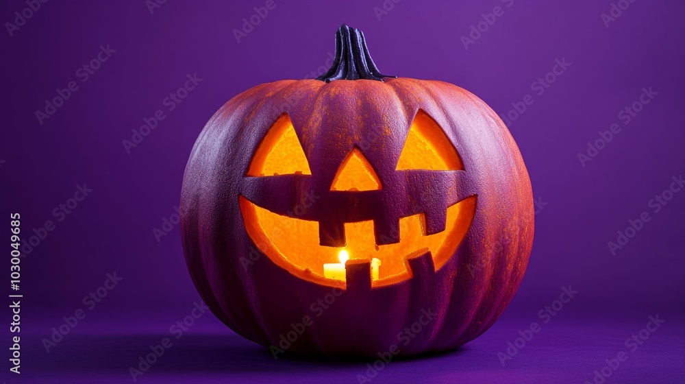 Fototapeta premium A 3D pumpkin glows on a purple background. Its eyes are lit by a candle, and it has a friendly carved smile. This realistic pumpkin is perfect for Halloween decorations.