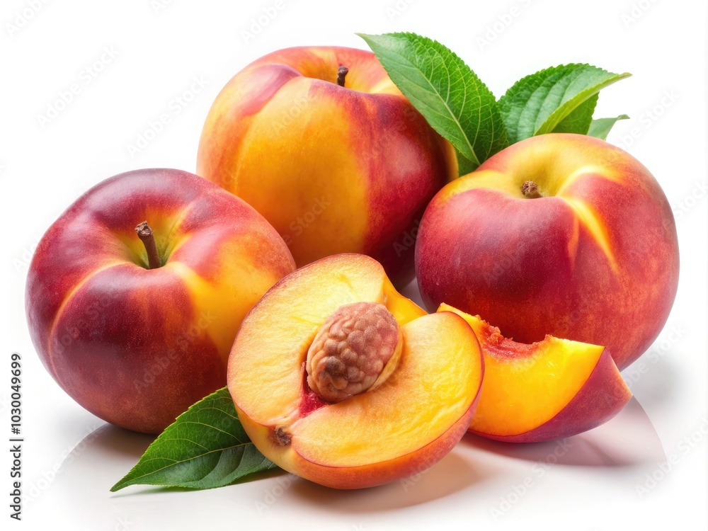 Luscious fresh peaches and enticing peach slices isolated against a white background, ideal for culinary and food photography that highlights the appeal of summer produce. Luscious fresh peaches and enticing peach slices isolated against a white background, ideal for culinary and food photography that highlights the appeal of summer produce.