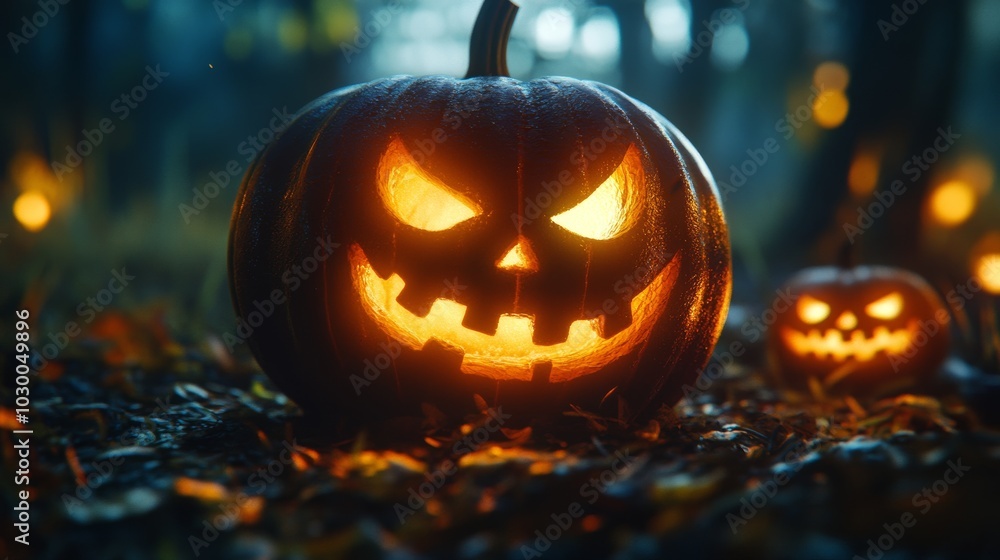 A 3D pumpkin with glowing eyes for Halloween. It looks like a scary jack-o'-lantern. A 3D pumpkin with glowing eyes for Halloween. It looks like a scary jack-o'-lantern.