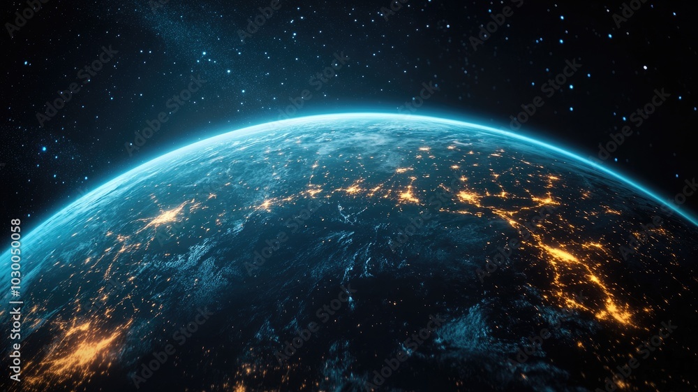 Fototapeta premium Illuminated Earth at night seen from space with stars in background