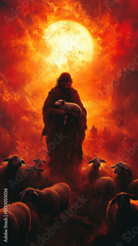 Jesus holding a lamb, with sheep surrounding him at sunset, the sky painted in deep orange and red hues