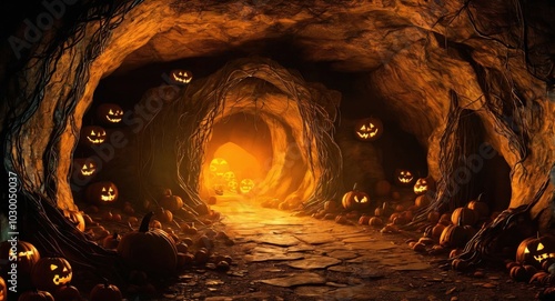 A creepy Halloween-themed cave entrance with glowing jack-o'-lanterns, twisted roots, and an eerie mist inside. photo