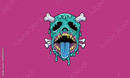 Dripping skull with bones and blue tongue sticking out.