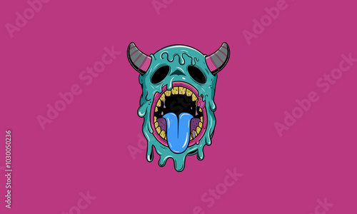 Dripping skull with bones and blue tongue sticking out.