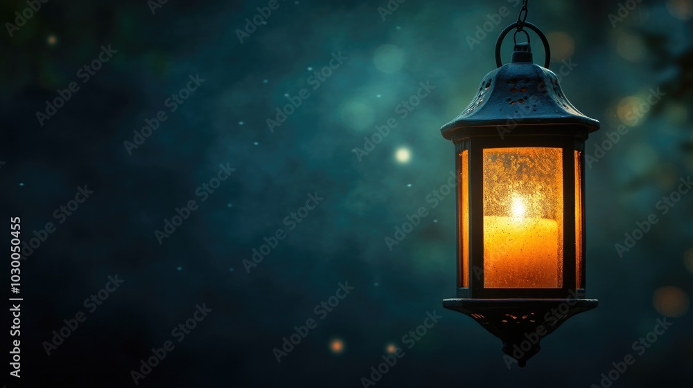 Glowing lantern illuminates dark, misty night Glowing lantern illuminates dark, misty night